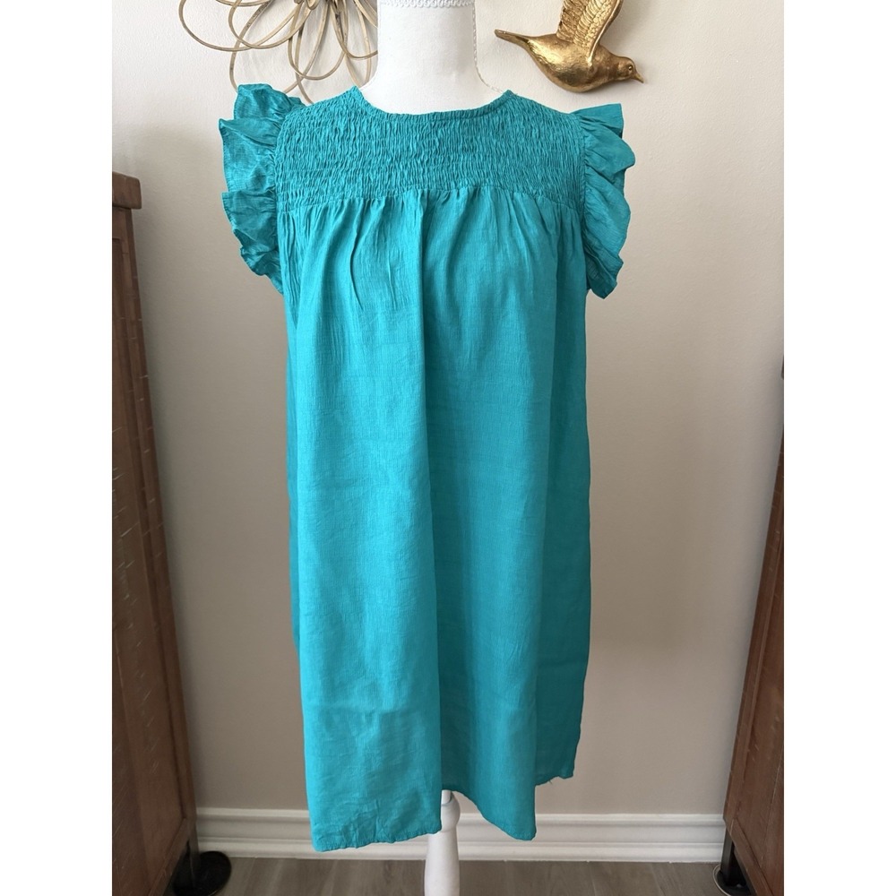 Umgee USA Teal Smocked Ruffle Sleeve Shift Dress Boho Relaxed Women's S